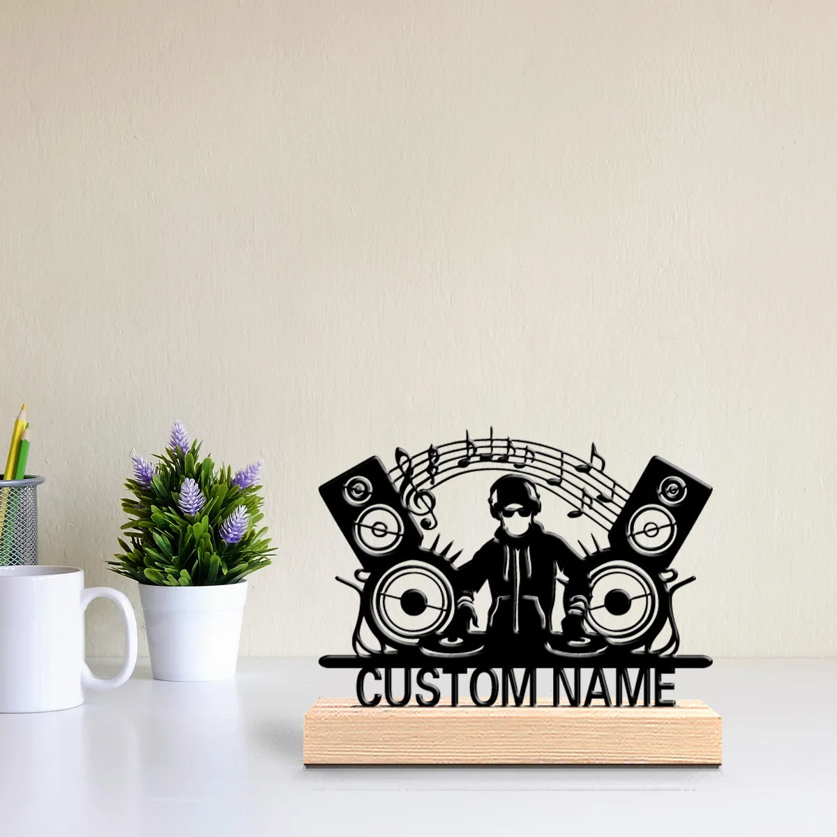 1pc Romantic Personalized Custom DJing Musical Instruments Metal Statues Metal Art With Wooden Base Perfect For Musicians, Valen
