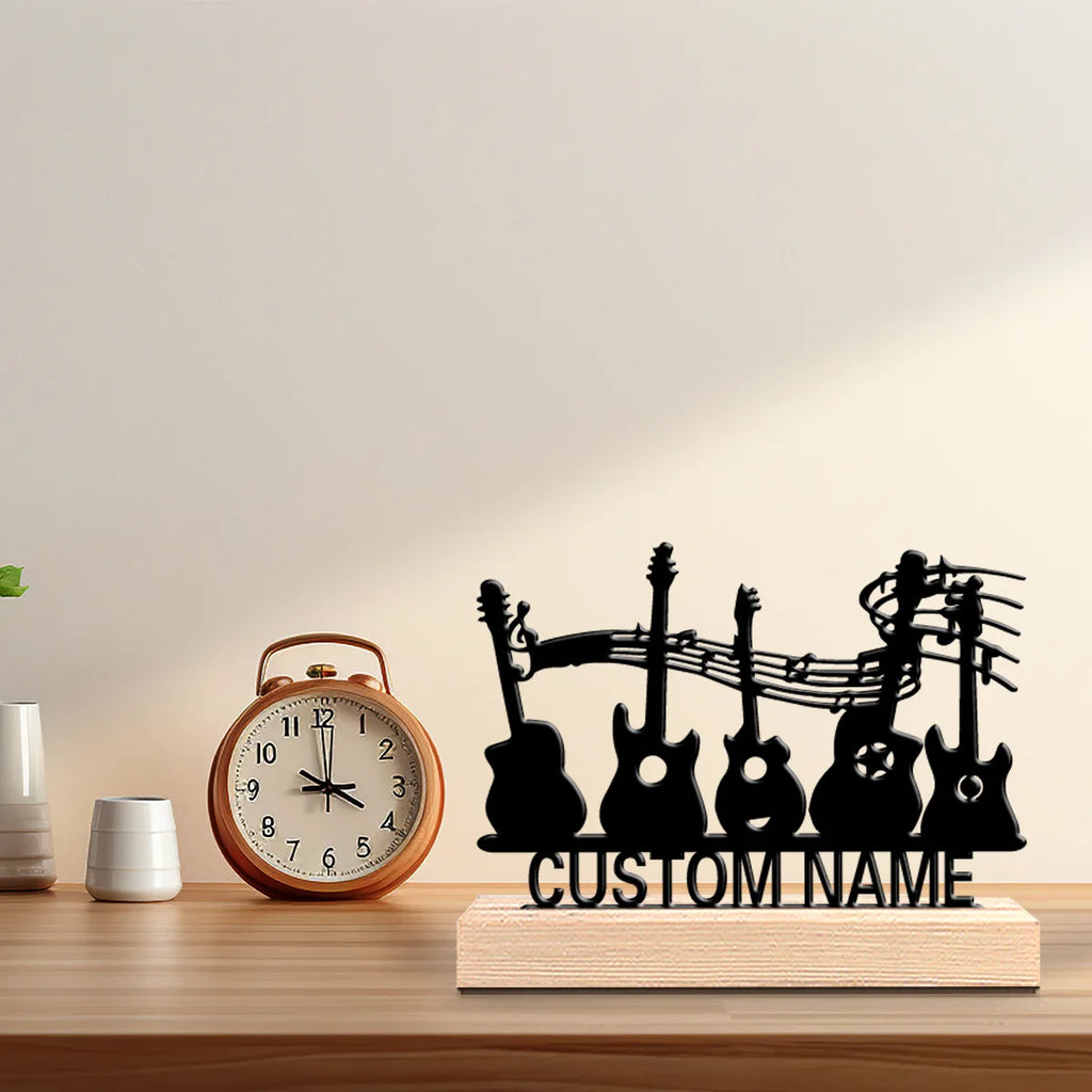 1pc Fashion Personalized Custom Guitar Metal Statues Metal Art With Wooden Base Suitable For Musicians, Valentine Is Day, Rock D
