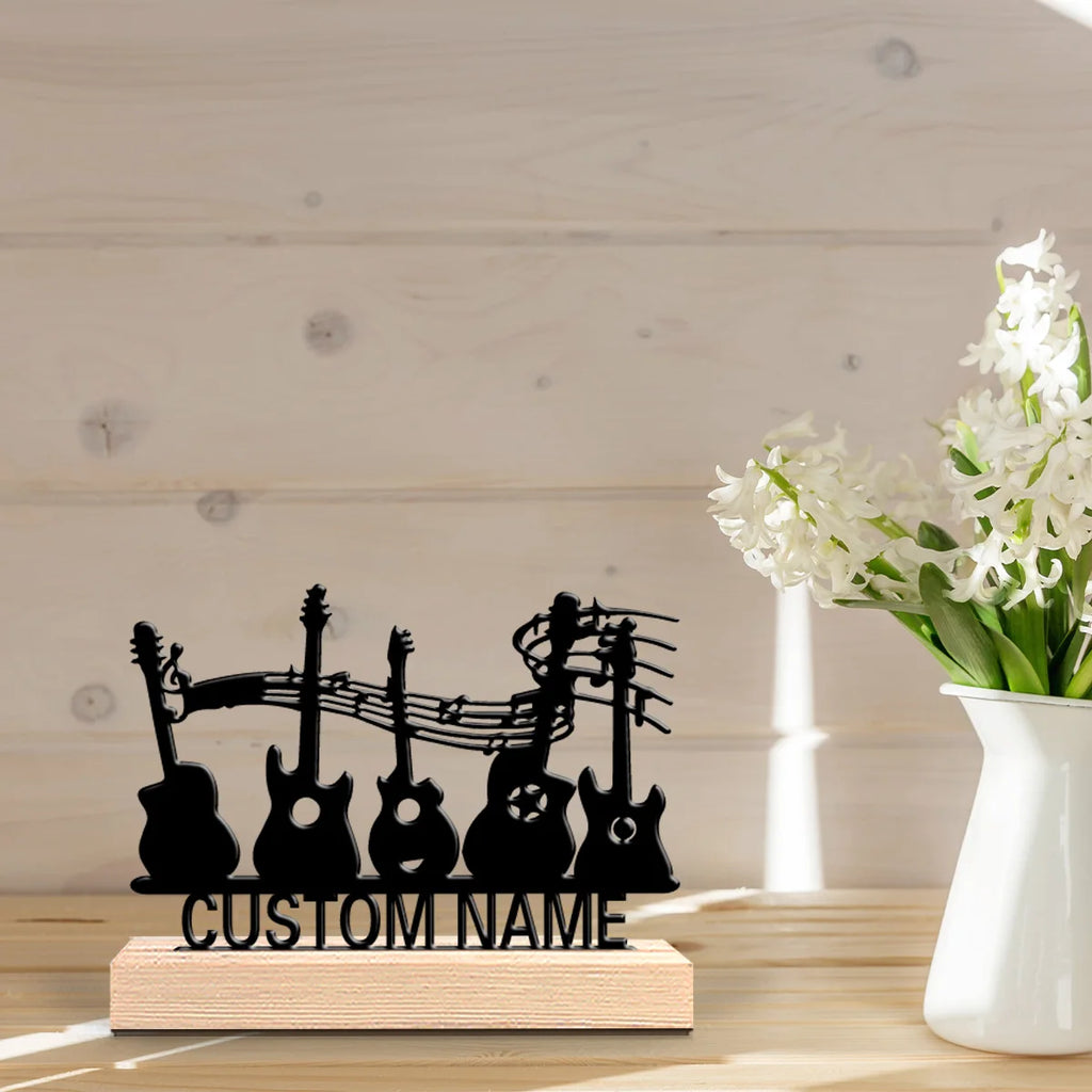 1pc Fashion Personalized Custom Guitar Metal Statues Metal Art With Wooden Base Suitable For Musicians, Valentine Is Day, Rock D